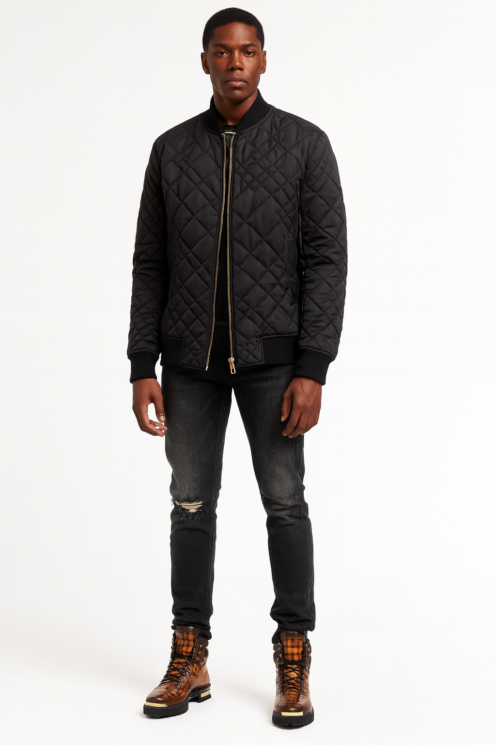 Croco Deep Cut Leather Lace-UP Ankle Boot Black