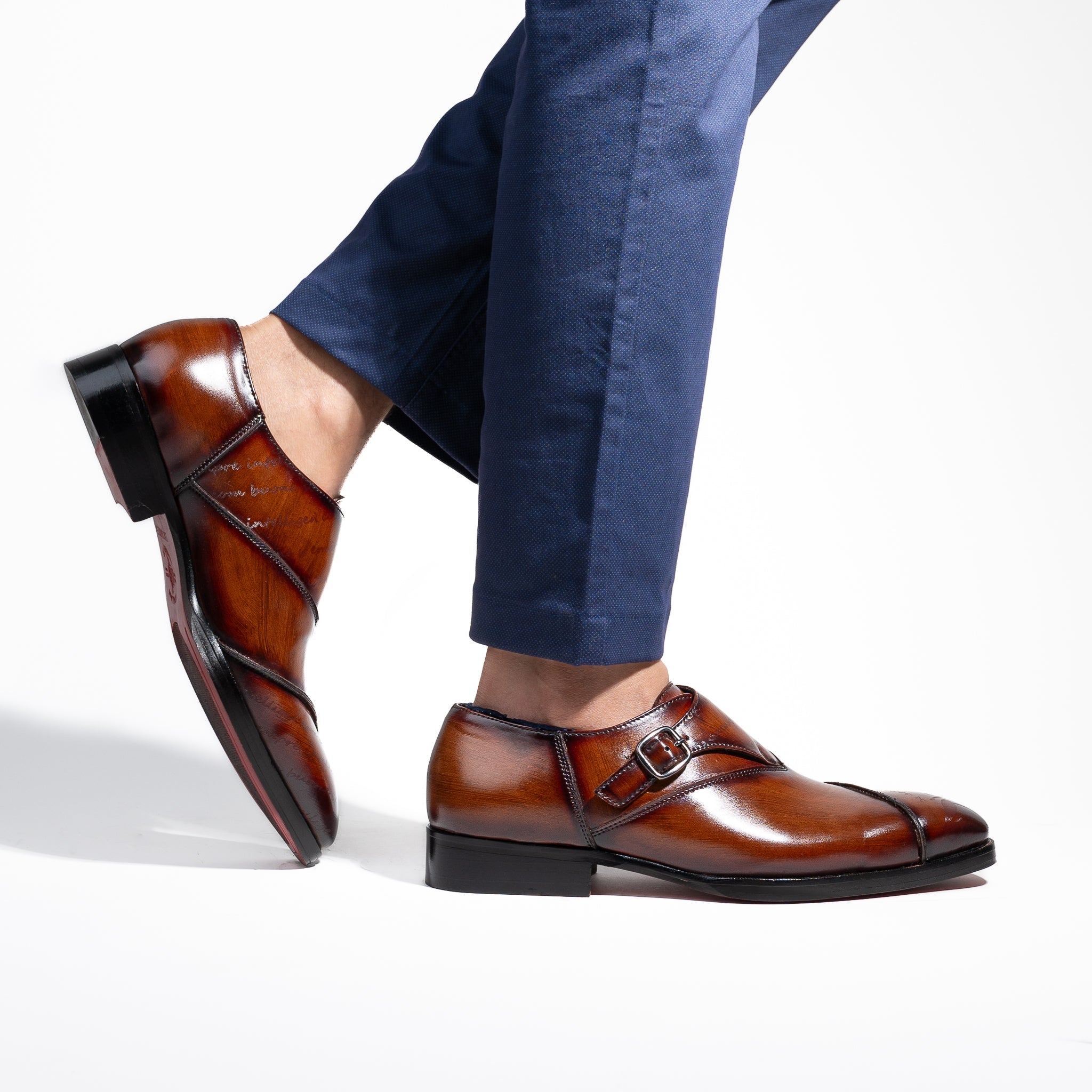 Dark Tan Single Monkstraps Genuine Leather Men's Shoes