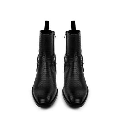 Harness Zip Boot - Black Python-Effect Hand-Dyed Leather