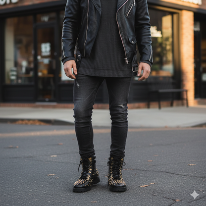 Croco Leather Studded Lace-Up Biker Boots