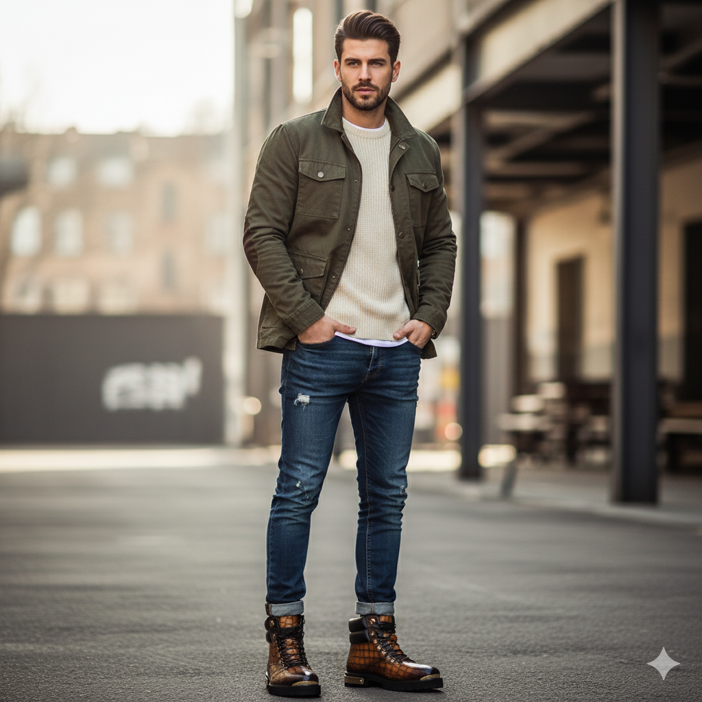 Croco Deep Cut Leather Lace-UP Ankle Boot Tan