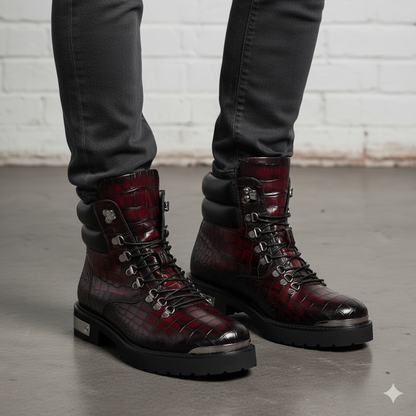 Croco Deep Cut Leather Lace-UP Ankle Boot Burgundy