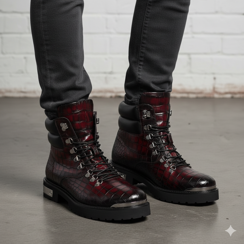 Croco Leather Lace-Up High Ankle Boot Black