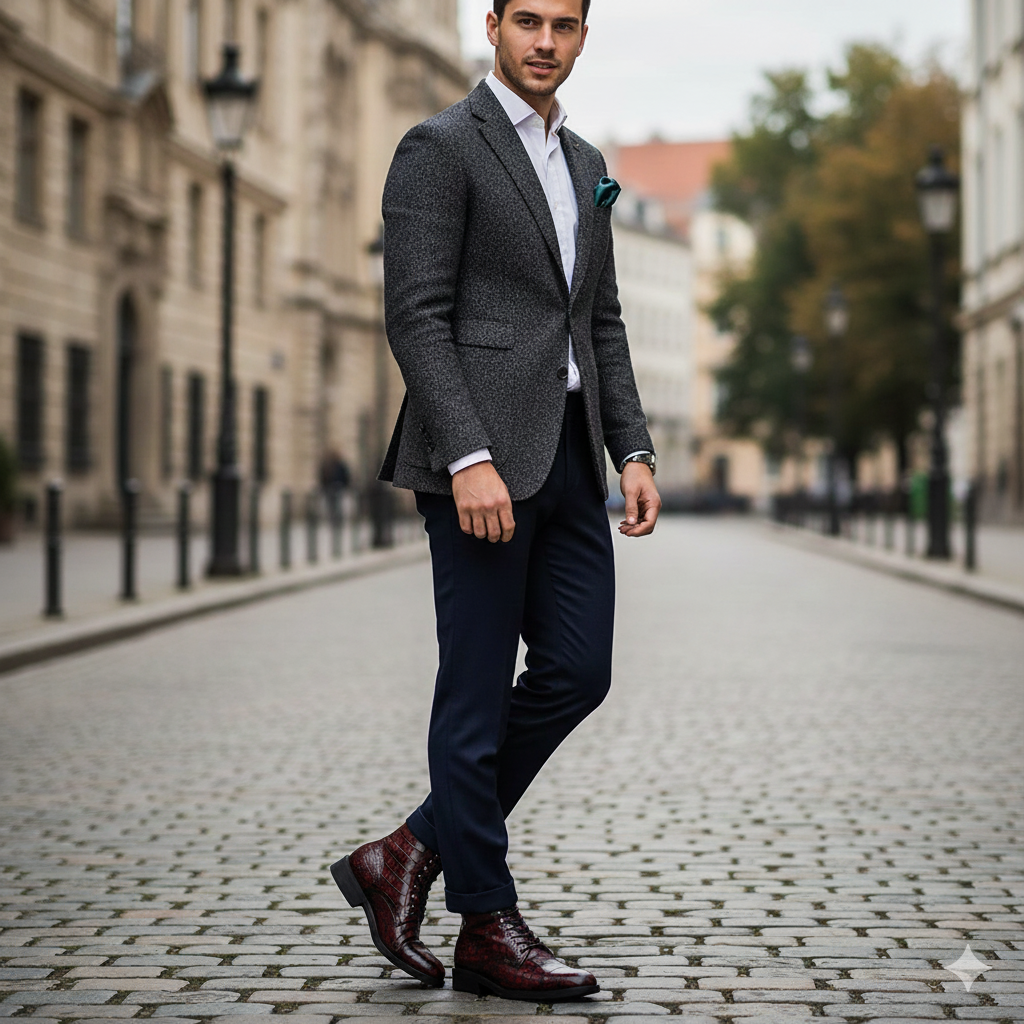 Croco Leather Lace-Up High Ankle Boot Burgundy