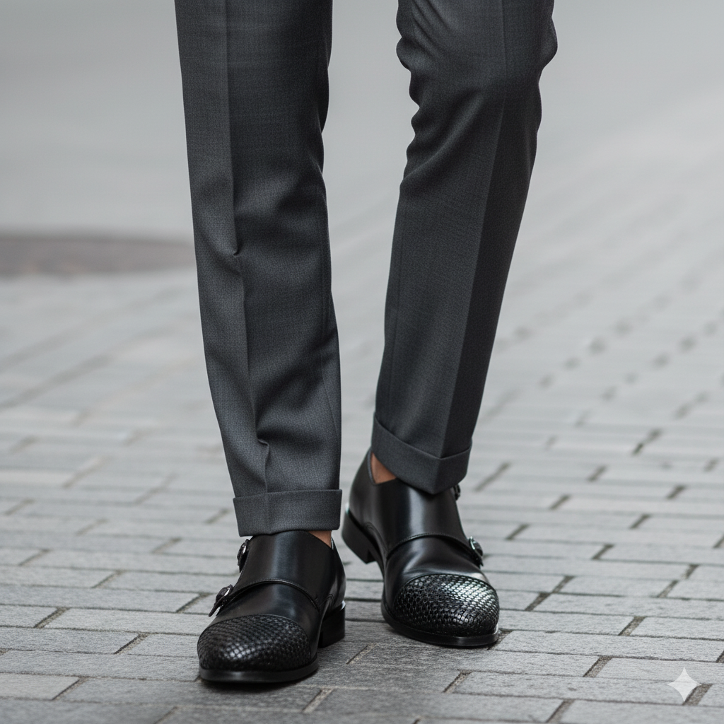 Double Monk Woven Leather Cap-Toe Black Shoe