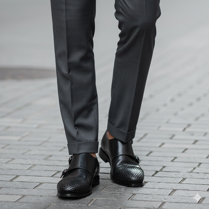 Double Monk Woven Leather Cap-Toe Black Shoe