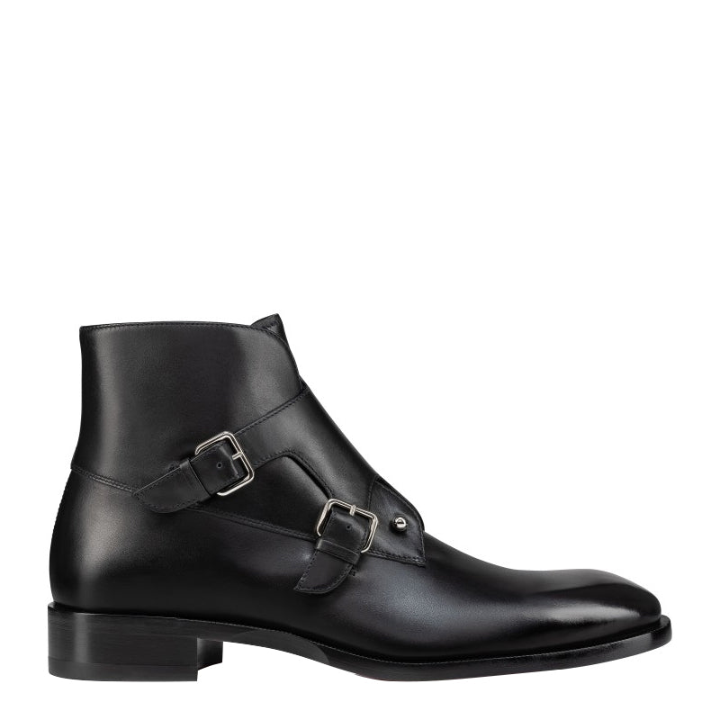 Luxury Double Monk Strap High-top Polished Black Leather Boots with Silver Buckles