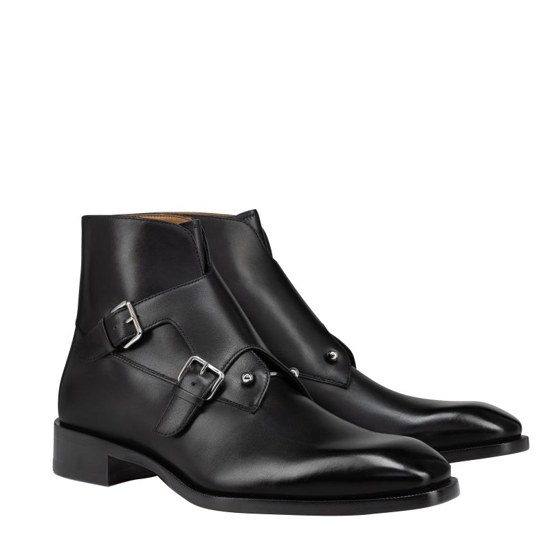 Luxury Double Monk Strap High-top Polished Black Leather Boots with Silver Buckles