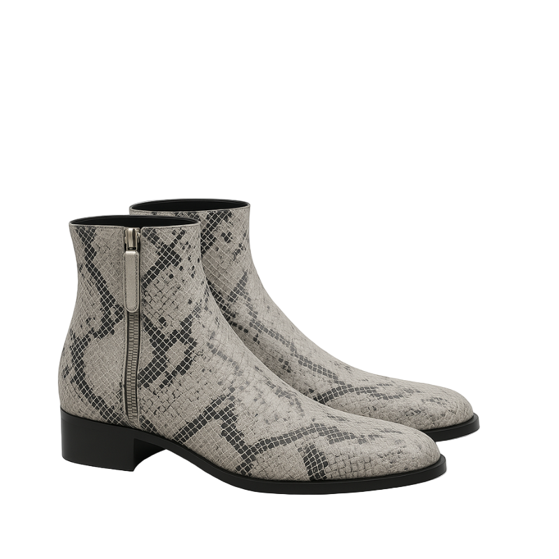 Snakeskin Patterned High Ankle Zipper Boots