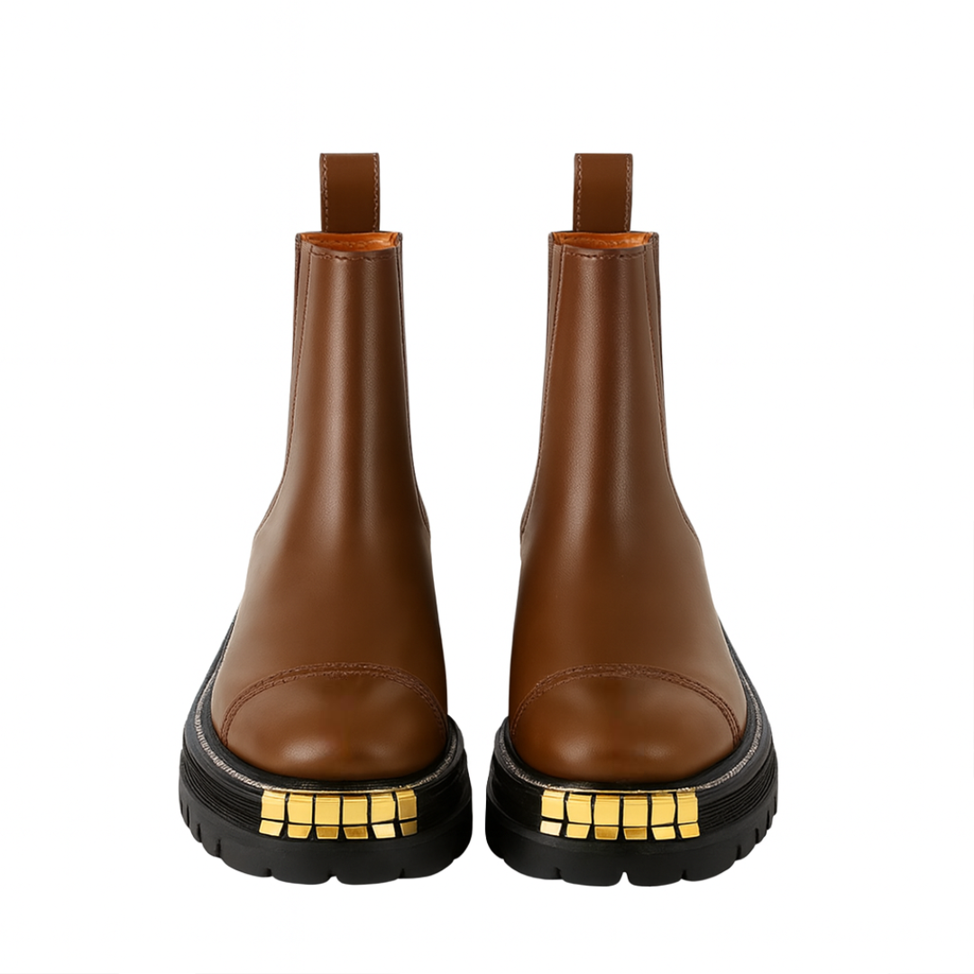 Luxury Brown Ankle Boots for Womens with Gold-accent Toe Detail