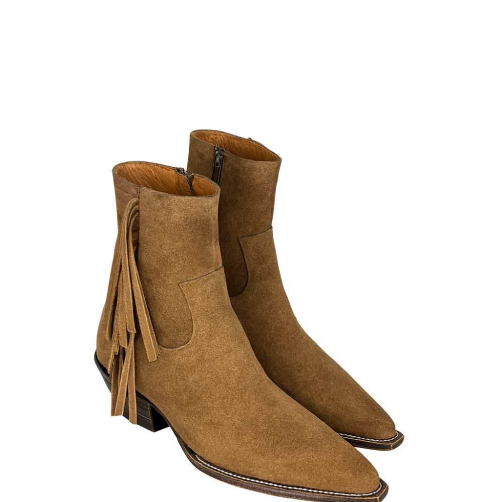 Men's Brown Suede Fringe Side Zipper Boot