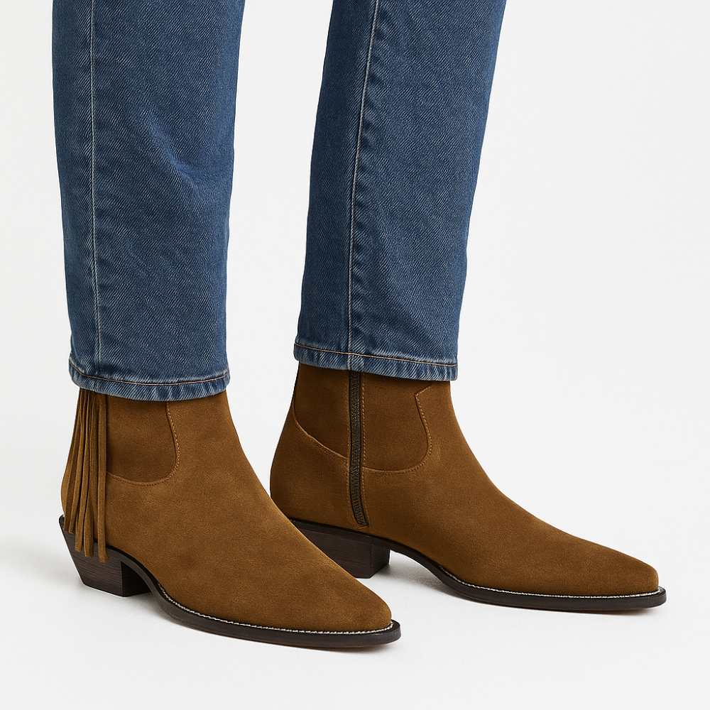 Men's Brown Suede Fringe Side Zipper Boot