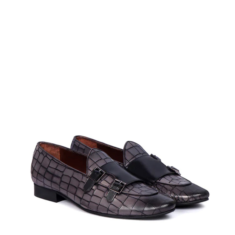 Deep Cut Croco Double Monk Grey Shoe For Men