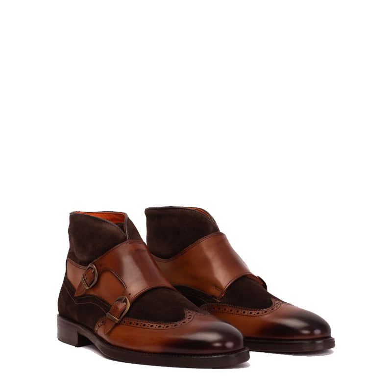 Dark Brown Suede Leather Double Strap Monk Brogue Men Boot