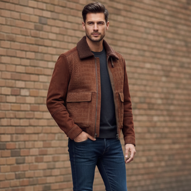 Luxury Rust Croc Shearling Brown Bomber Jacket