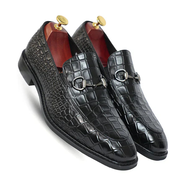 Brown Horse Bit Croco Slip On Loafers