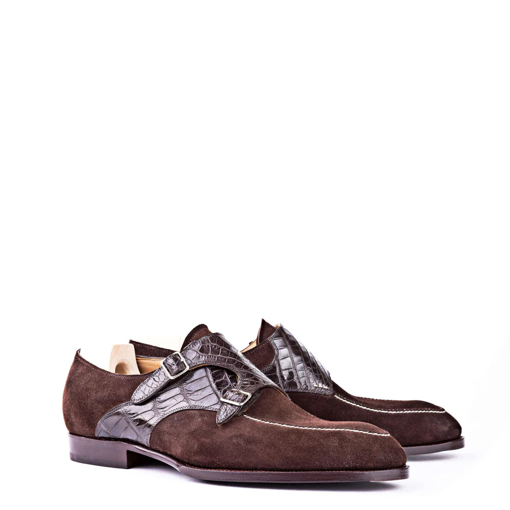 Suede Leather Croc Print Double Monk Strap Shoe