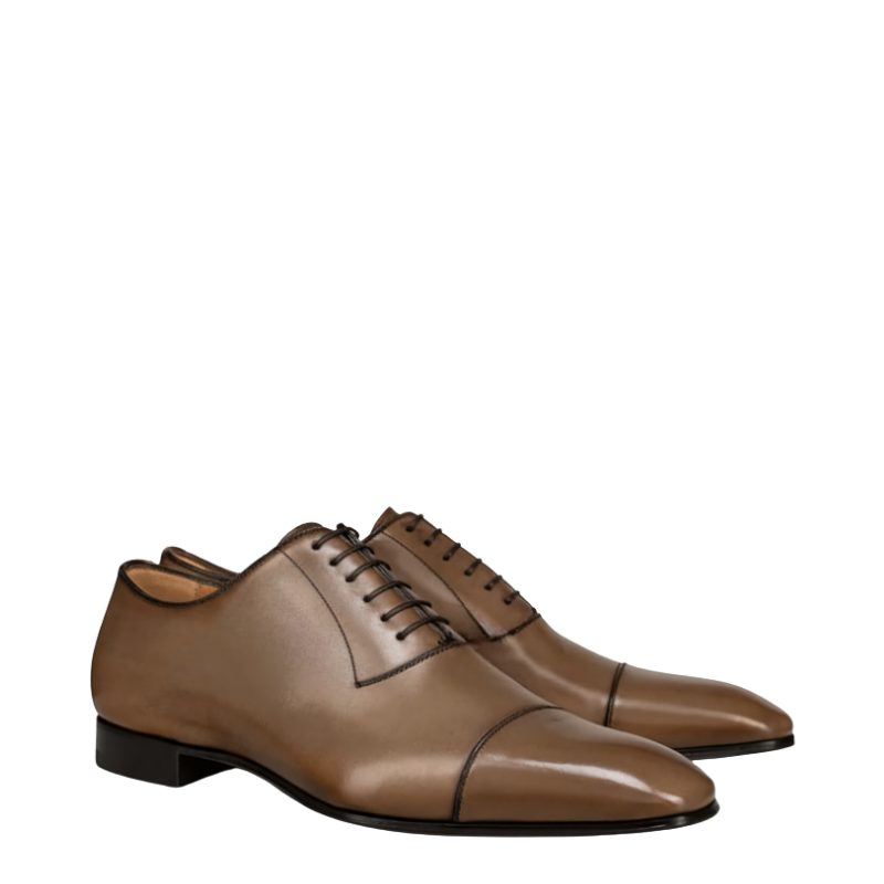 Elegant Polished Leather Brown Oxford Shoes With Cap Toe Closed Lacing