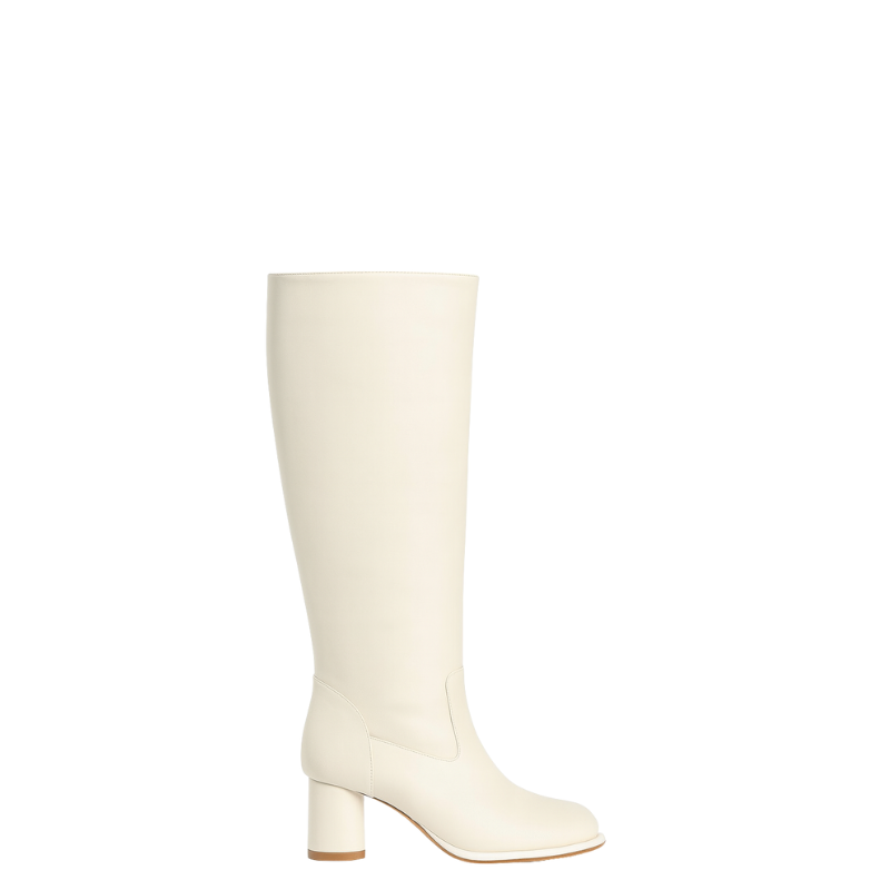 Women's Leather Beige Solid Block Heel Long Boots