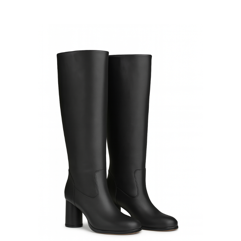 Women's Leather Black Solid Block Heel Long Boots