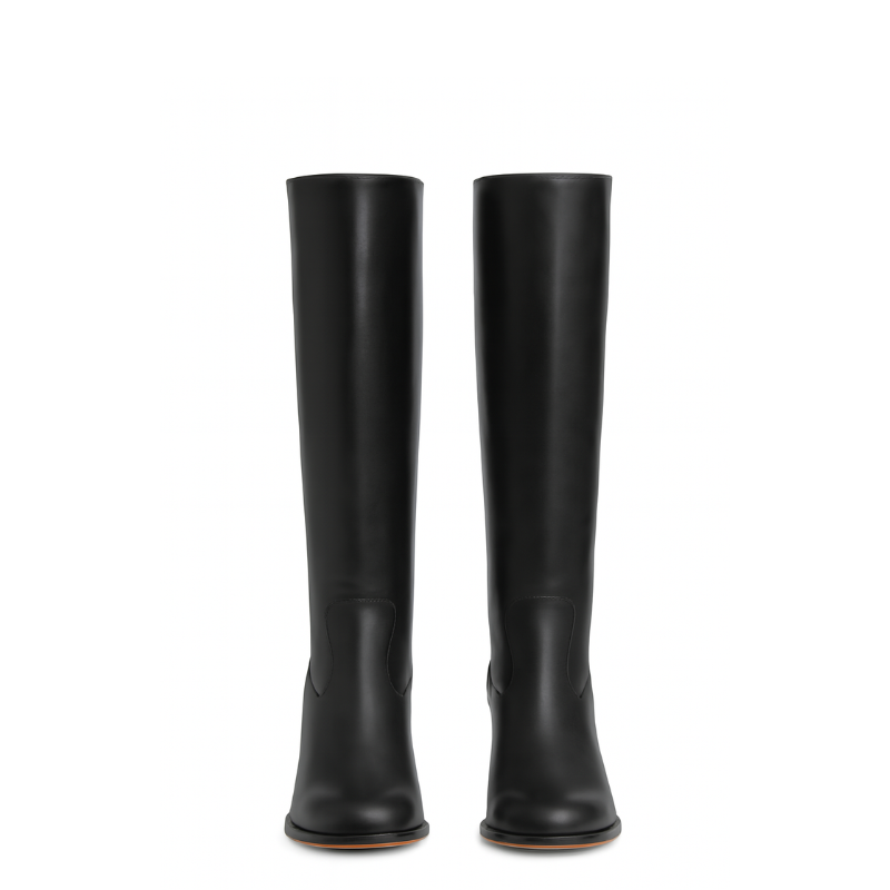Women's Leather Black Solid Block Heel Long Boots