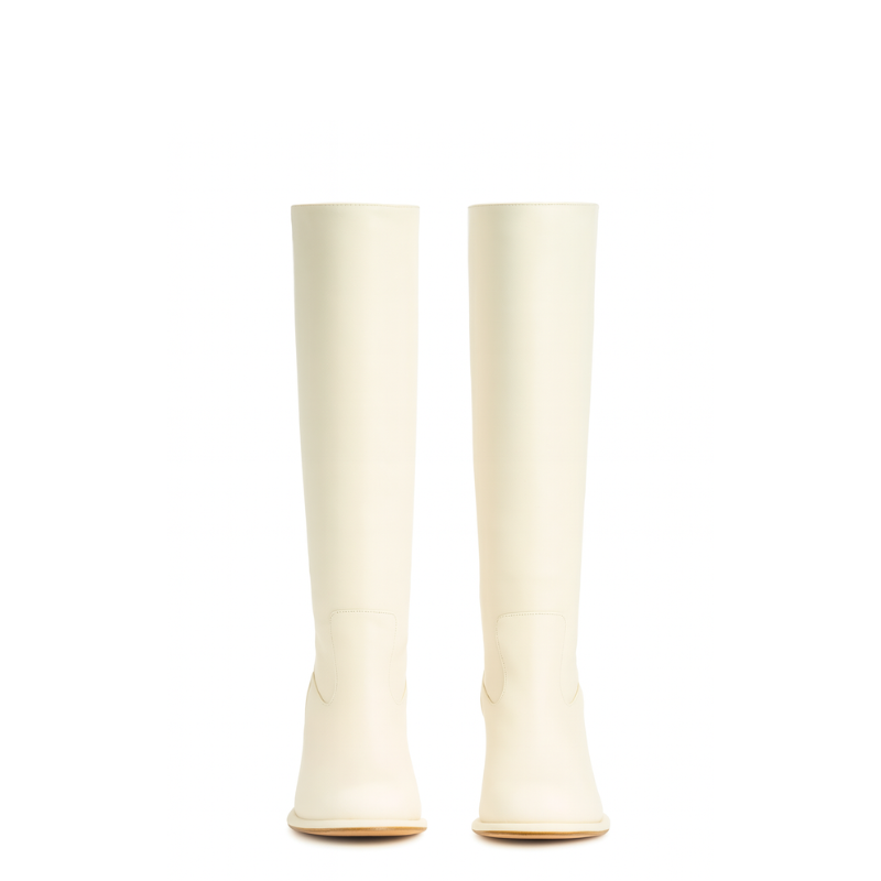 Women's Leather Beige Solid Block Heel Long Boots