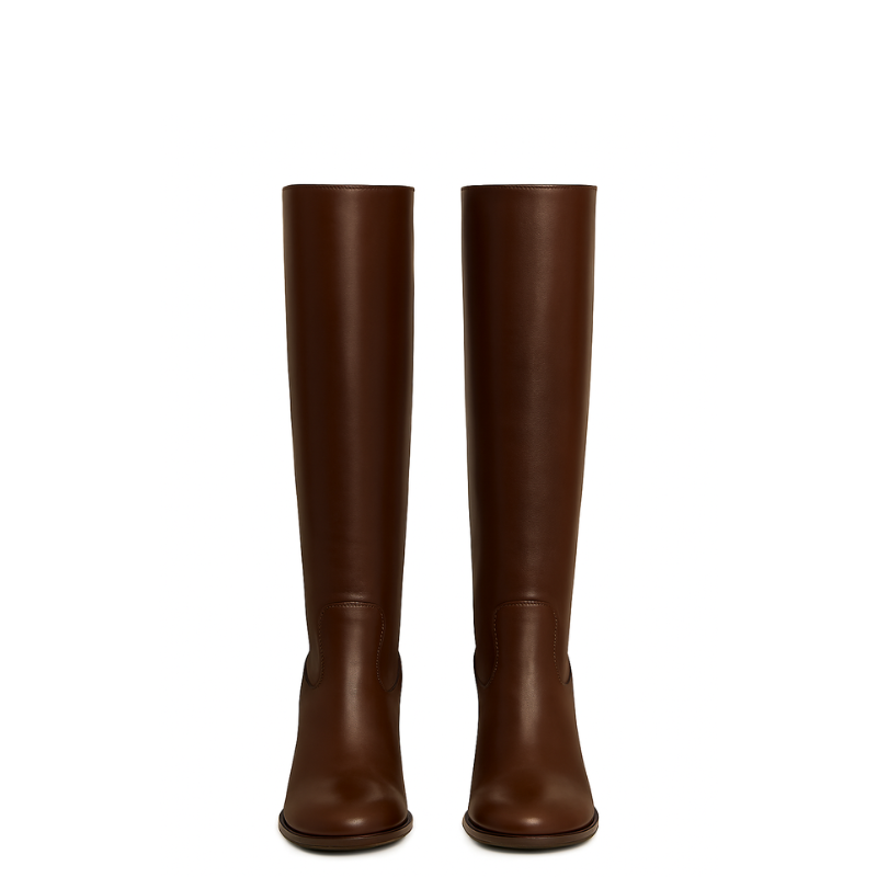 Women's Leather Black Solid Block Heel Long Boots