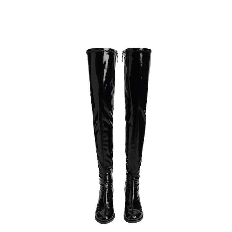 Women's Leather Black Luxury Over the Knee High Boots with Wedge Heel