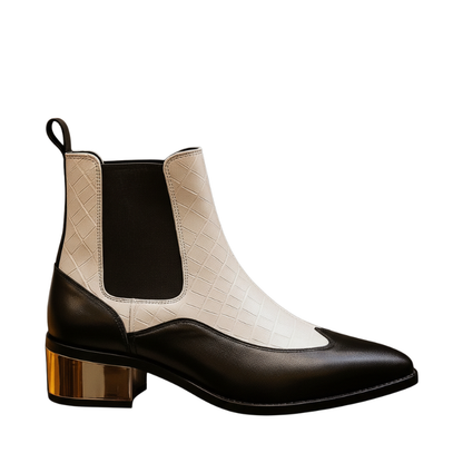 Luxury Dual-Tone Croco Leather Chelsea Boots with Metallic Gold Heel