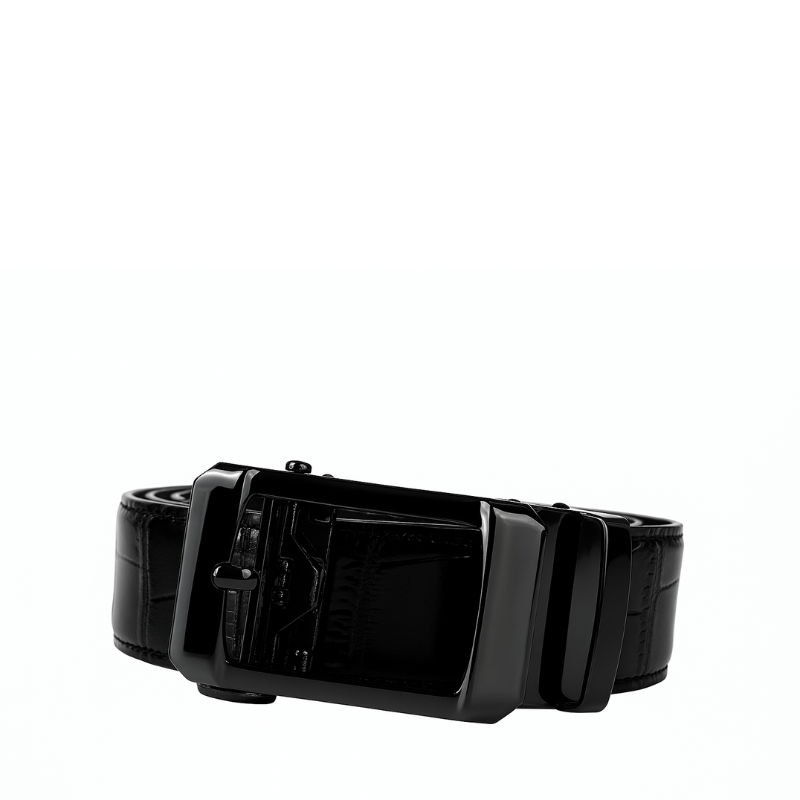 Croco Leather Black Strap Belt with Plain Frame Autolock Buckle