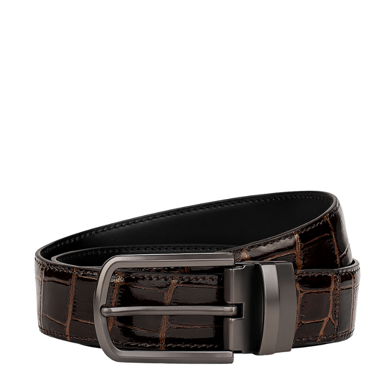 Croco Leather Dark Brown Strap Belt with Grey Reversible Buckle Closure