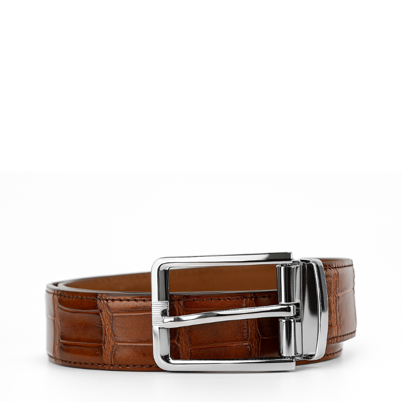 Croco Leather Brown Strap Belt with Silver Reversible Buckle Closure