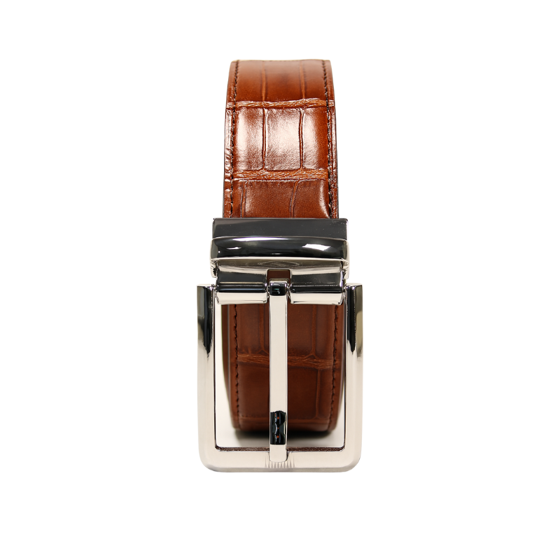 Croco Leather Brown Strap Belt with Silver Reversible Buckle Closure