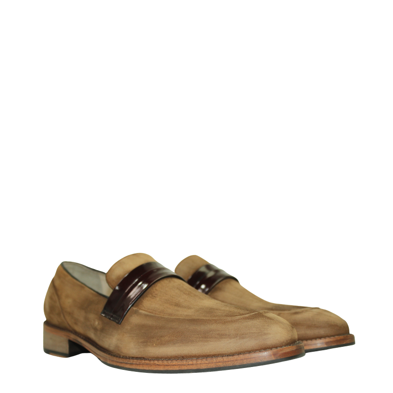 Luxury Suede Leather Oak Wood Penny Loafer with Strap