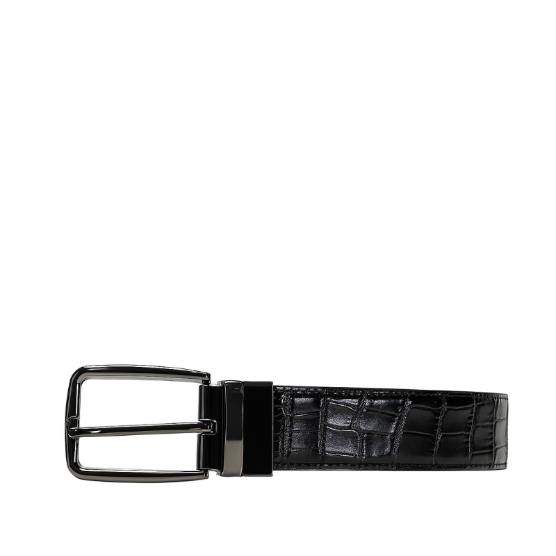 Croco Textured Leather Black Strap Belt with Grey Reversible Buckle Closure