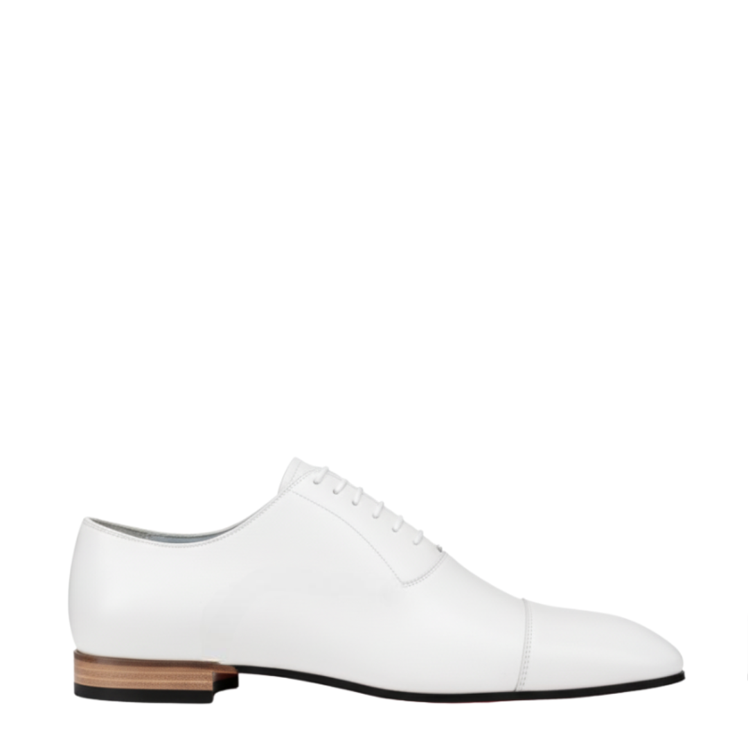 Elegant Polished Leather White Oxford Shoes With Cap Toe Closed Lacing