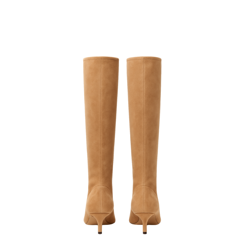 Premium Black Knee High Kitten Heel Square Toe Tall Leather Boots for Women's