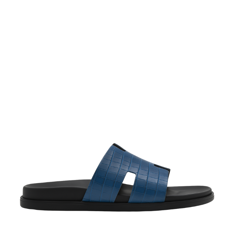 Croco Textured Leather Blue Slipper