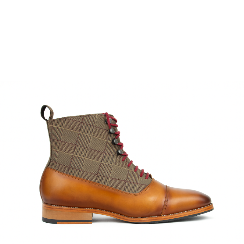 Men's Leather Tan Plaid Ankle Boot