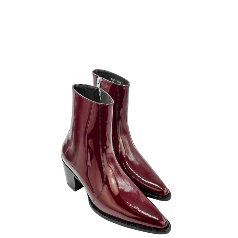 Patent Leather Wine Pointed-toe Side Zipper Ankle Boot