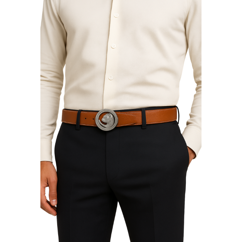 Italain Silver Regal Jaguar Buckle Belt with Black Leather Strap