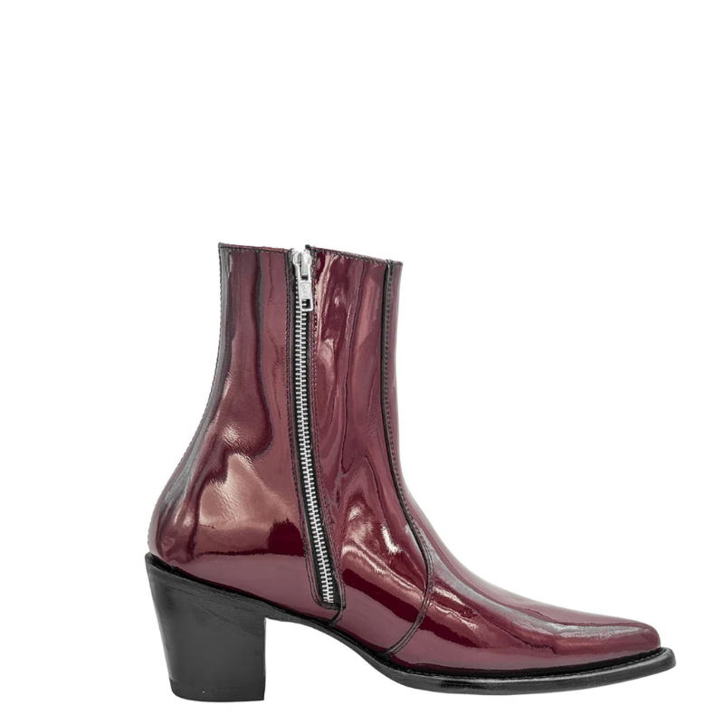 Patent Leather Wine Pointed-toe Side Zipper Ankle Boot