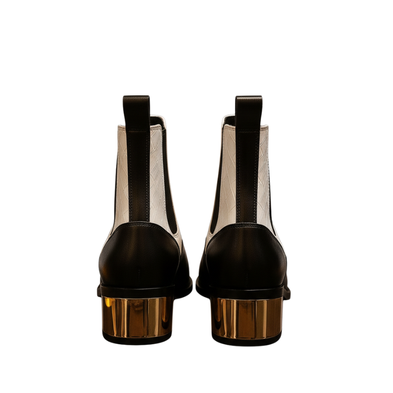 Luxury Dual-Tone Croco Leather Chelsea Boots with Metallic Gold Heel