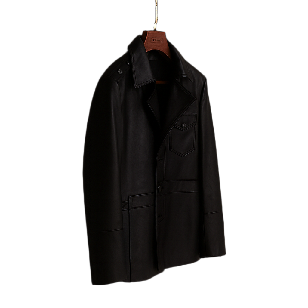 Classic Leather Black Double-pocket Leather Coat