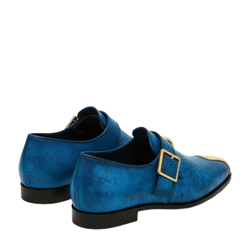 Luxury Oceanic Blue Leather Buckle Loafers With Golden Toe