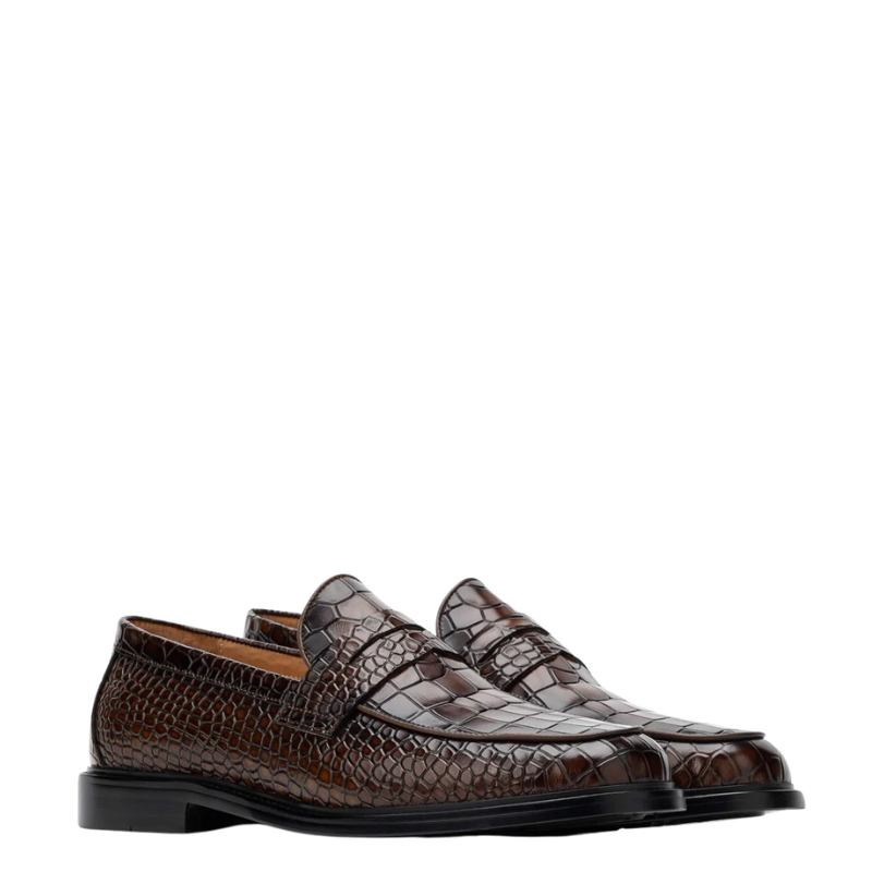 Croco Leather Printed Loafers Tan