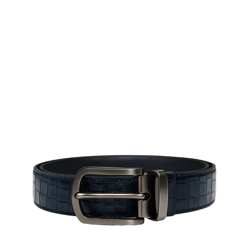 Croco Textured Leather Blue Strap Belt with Silver Reversible Buckle Closure