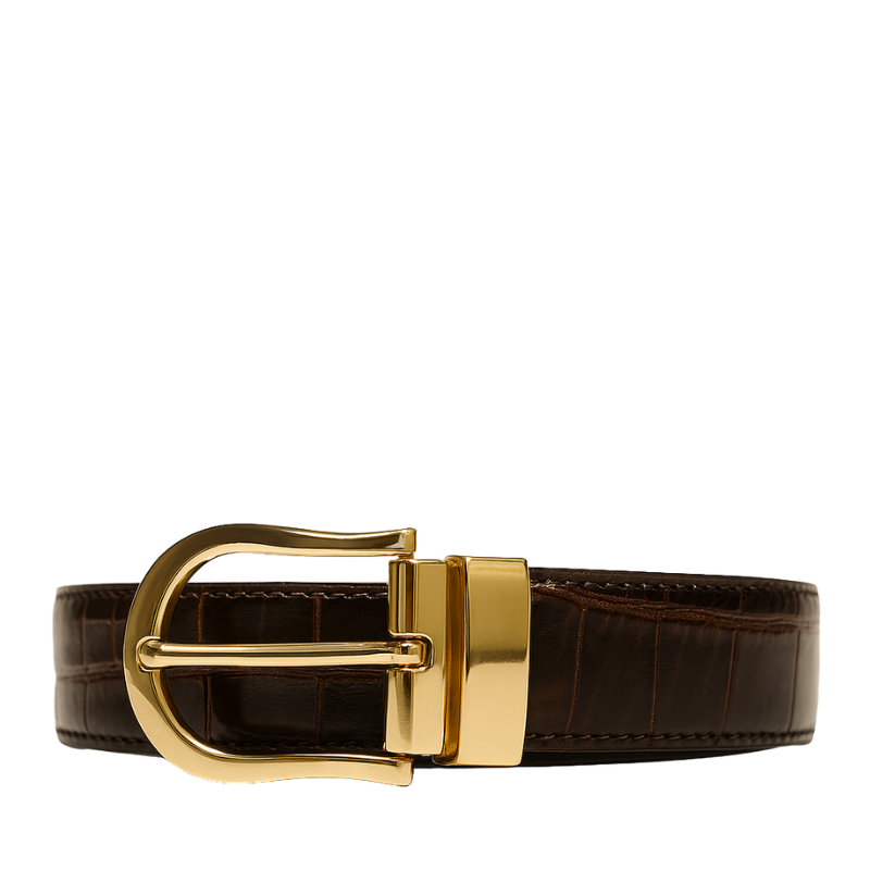 Croco Leather Dark Brown Strap Belt with Golden Reversible Buckle Closure