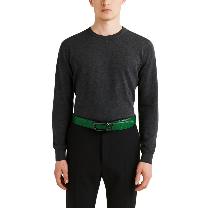 Croco Leather Green Strap Belt with Black Sleek Frame Autolock Buckle