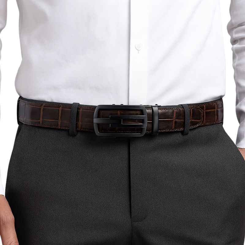 Croco Leather Dark Brown Strap Belt with Grey Autolock Buckle
